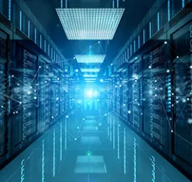 A long corridor in a data center with rows of server racks, illuminated by blue light and overlaid with glowing digital network lines.