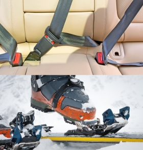 Split image: Top shows a car backseat with a fastened seatbelt; bottom shows a person securing a ski boot into a ski binding on snow.