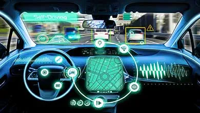 Futuristic self-driving car interior featuring a windshield heads-up display and a glowing dashboard interface with navigation and vehicle data.