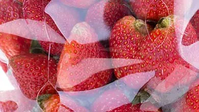 Close-up of ripe red strawberries with green caps in a clear plastic container, showing textured surfaces with tiny yellow seeds and reflections on the packaging.
