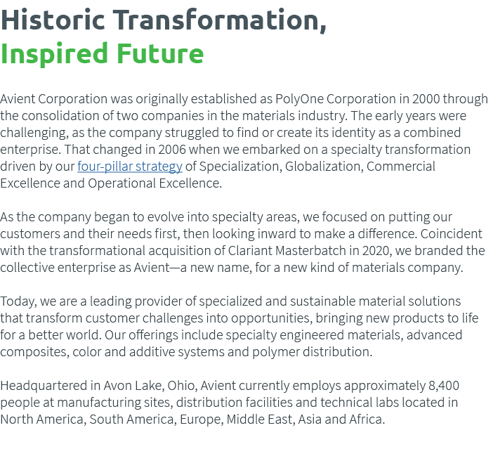  Historic Transformation, Inspired Future Avient Corporation was originally established as PolyOne Corporation in 200   