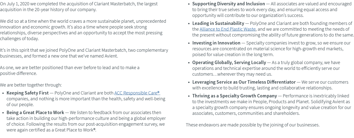 On July 1, 2020 we completed the acquisition of Clariant Masterbatch, the largest acquisition in the 20-year history    