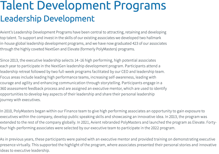 Talent Development Programs Leadership Development Avient’s Leadership Development Programs have been central to attr...